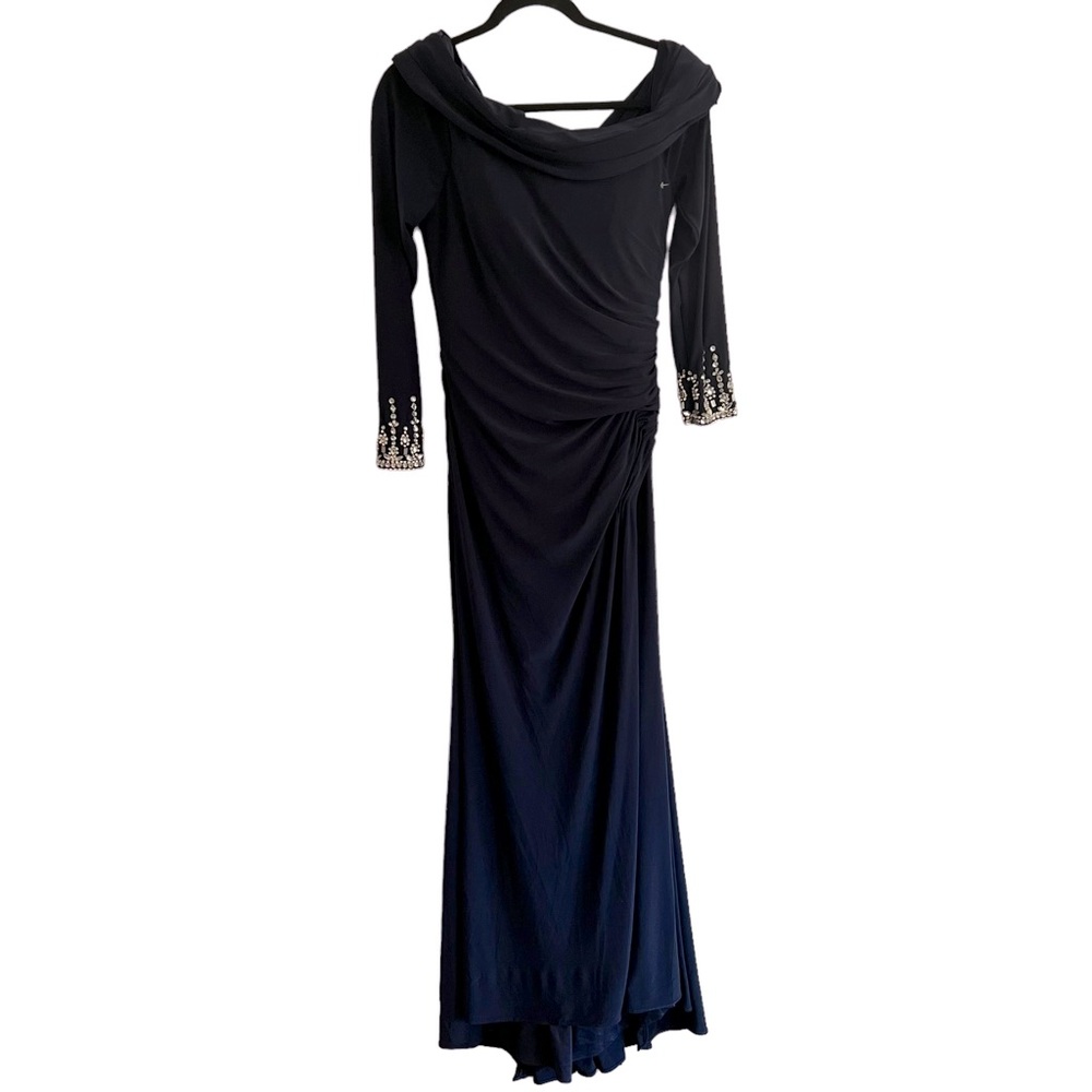 NEW MAC DUGGAL One Shoulder Midnight Blue Long Sleeve Jersey Gown size 4 - Picture 4 of 9